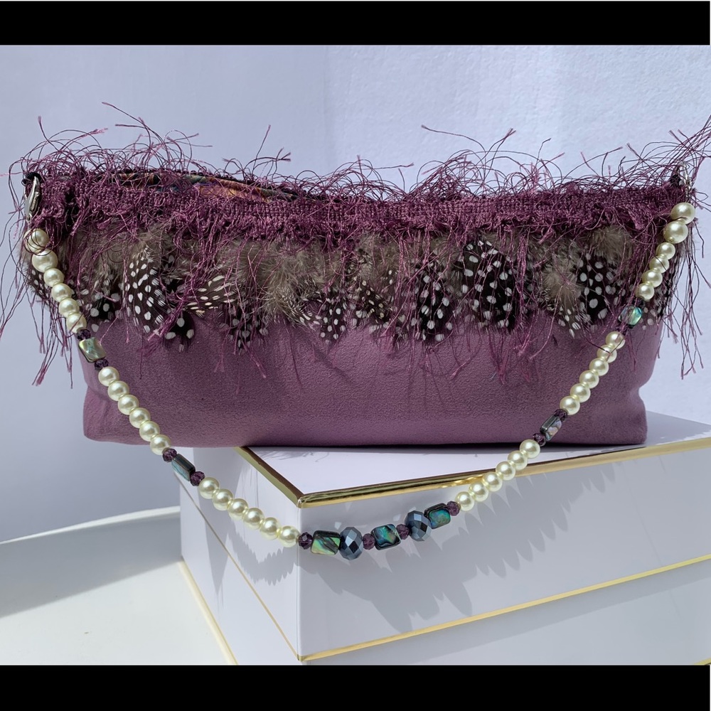 Purple Feather Clutch with Beaded Strap